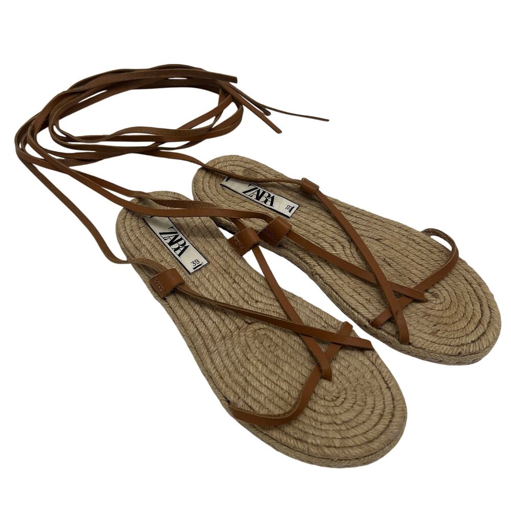 Zara Womens Jute Espadrille Lace-Up Flat Sandals Tan Leather Size 39 US 8